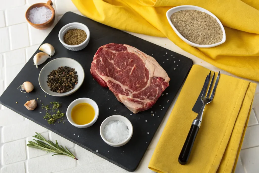 Arm Roast steak sits on a black slate beside small bowls of spices and oil.