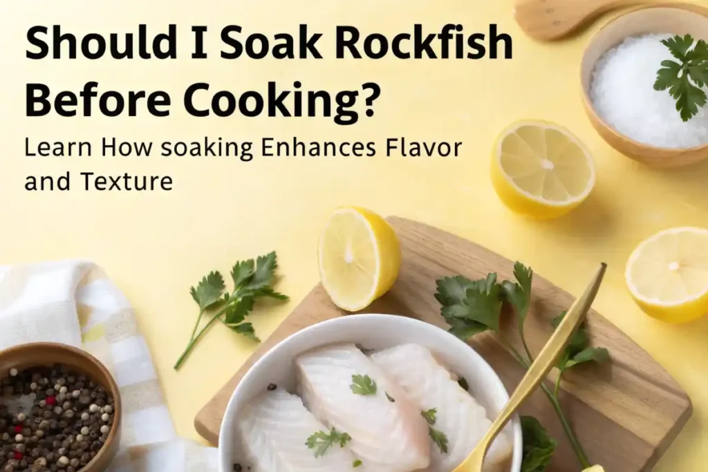 Bowl of rockfish fillets soaking in milk with lemon slices and parsley on a yellow background.