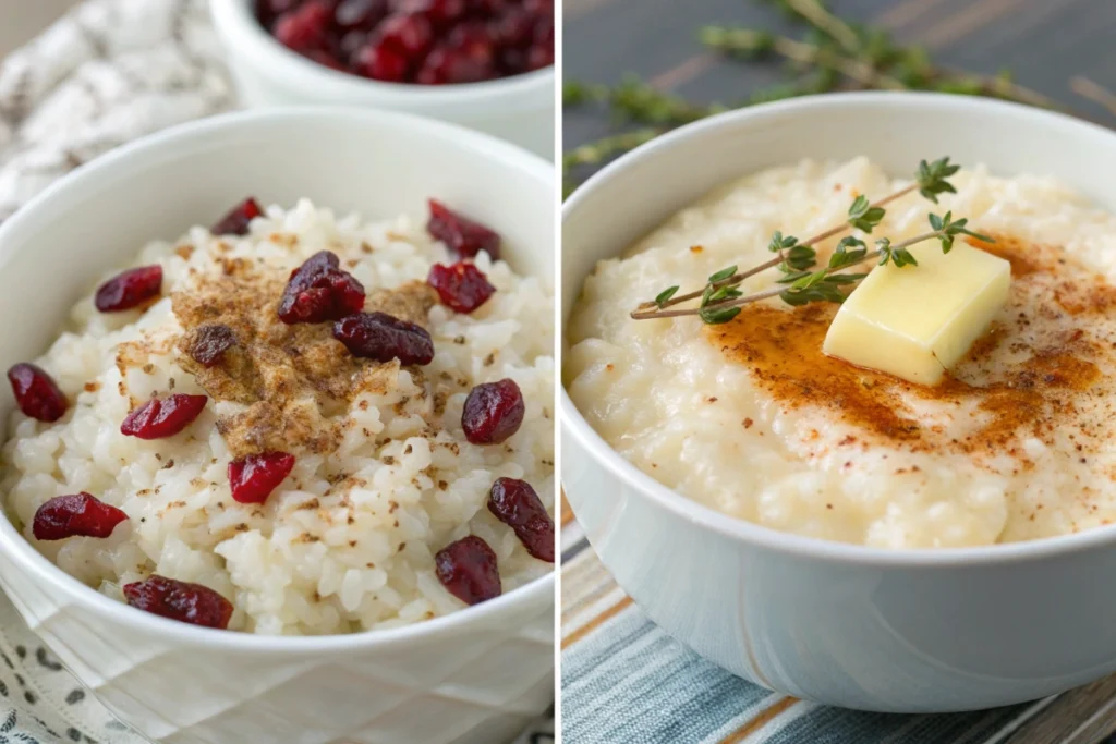 Two bowls of desserts: one creamy with cinnamon sticks and raisins, the other smooth with fresh berries and honey
