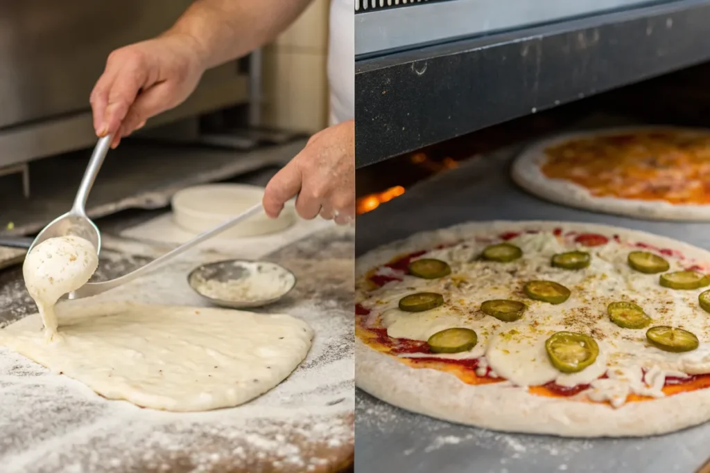 A collage showing pizza dough being prepared and a pizza baking in an oven.