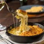 A fork lifts a cheesy bite from a skillet of macaroni and cheese.