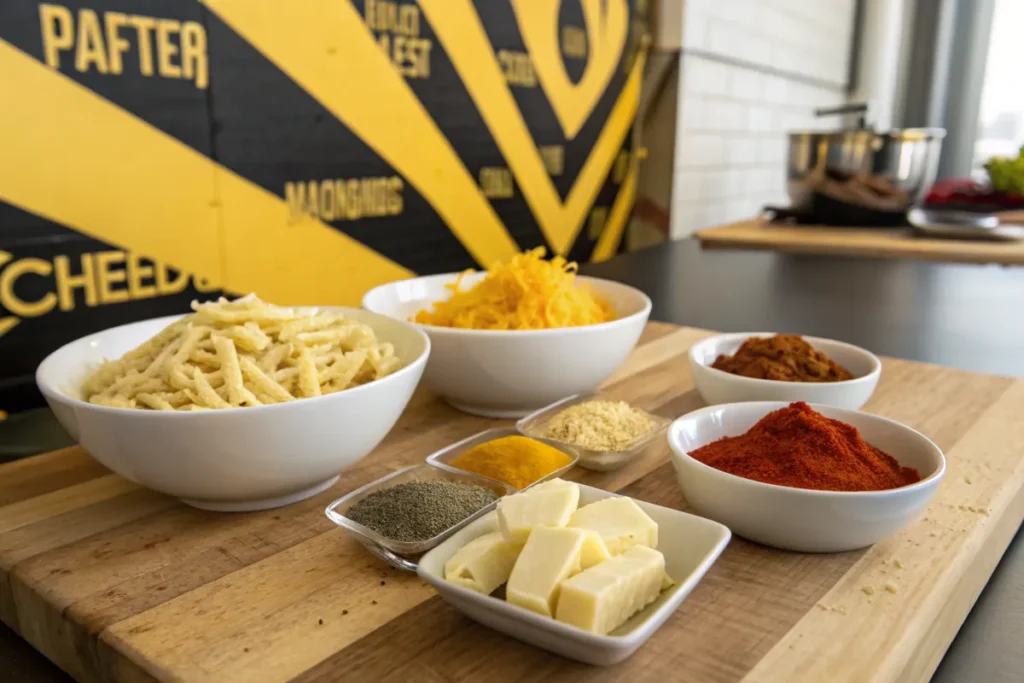 Bowls of shredded potatoes, cheese, spices, and other ingredients are arranged on a wooden cutting board.