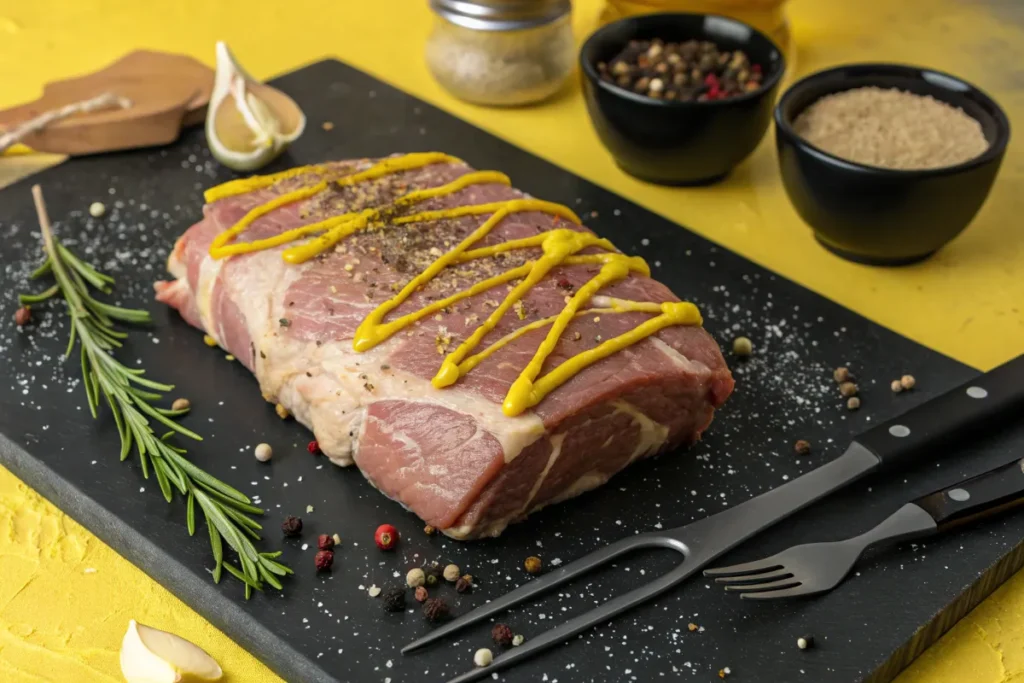 Arm Roast tenderloin seasoned with mustard, pepper and salt sits on a black slate cutting board.