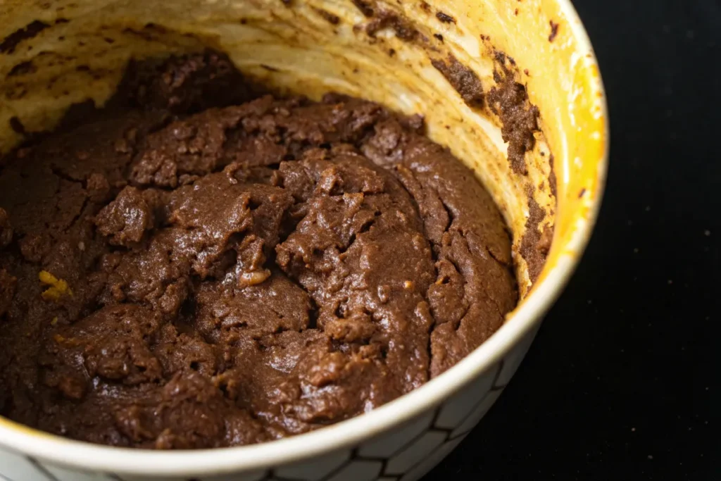 A bowl of thick, dark brown batter sits on a black surface.