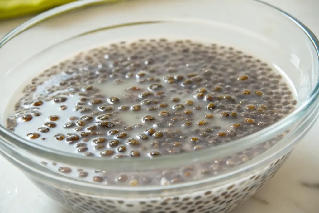 A glass bowl is filled with chia seeds soaking in liquid.
