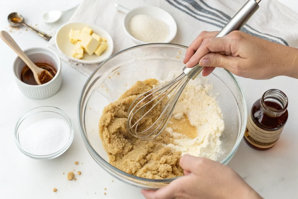 Mixing butter and sugars in a bowl as part of cookie dough preparation.
