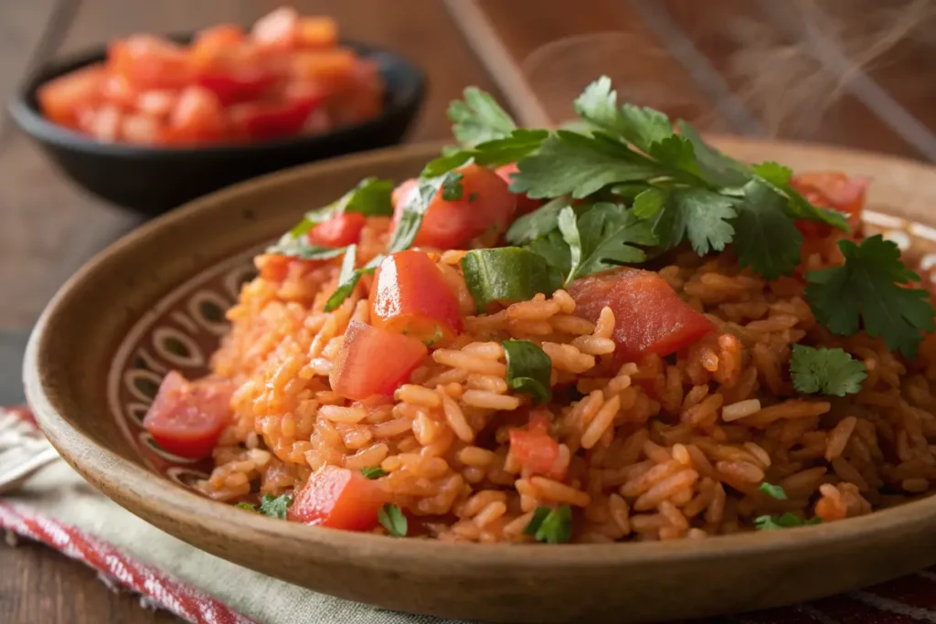 Close-up of Mexican rice garnished with cilantro and tomatoes."