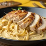 Sliced grilled chicken breast rests on a bed of creamy pasta.