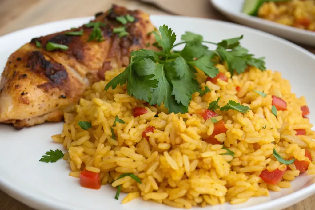 Close-up of Spanish rice with saffron and parsley garnish.