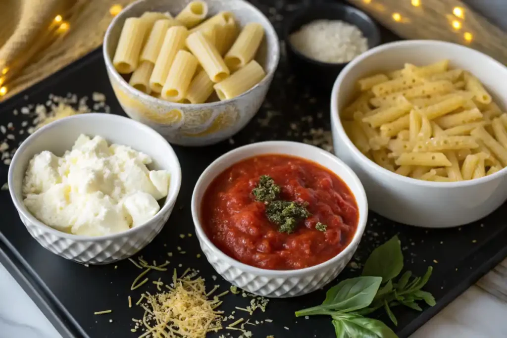 Close-up of baked ziti ingredients on a black surface with golden highlights