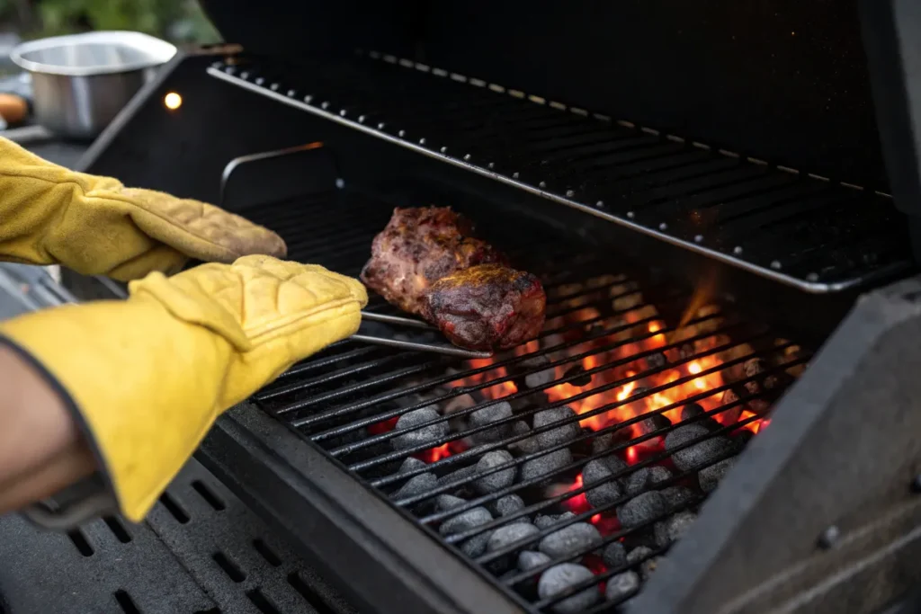 A person wearing heat-resistant gloves uses a spatula to grill a piece ofArm Roast over hot coals.