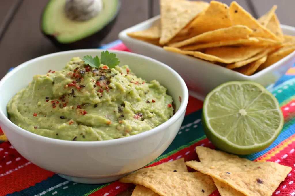 A bowl of guacamole topped with spices sits on a colorful tablecloth next to tortilla chips and a lime wedge.