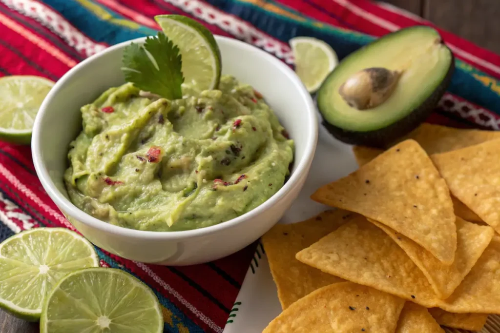 A bowl of guacamole sits next to tortilla chips, lime wedges, and a halved avocado.
