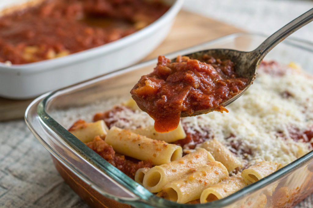 Spoon spreading marinara sauce over ziti in a baking dish