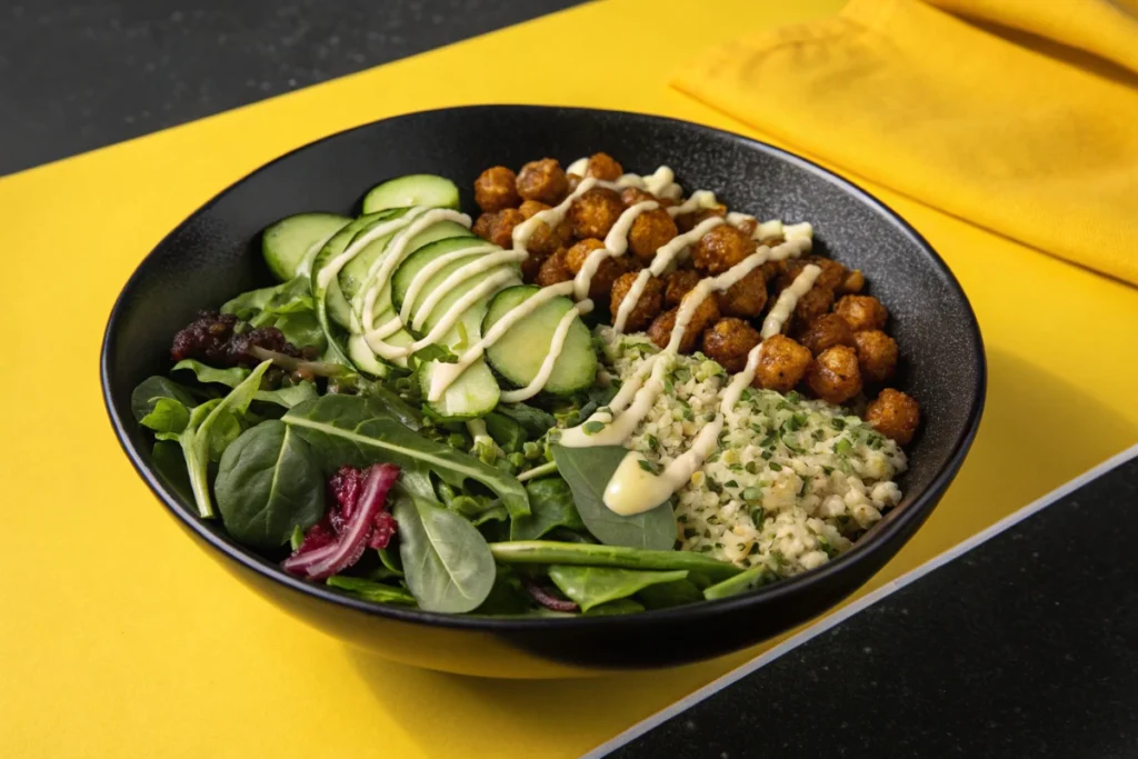 A black bowl filled with mixed greens, cucumber slices, seasoned chickpeas, and seasoned couscous sits on a two-toned yellow and black surface.