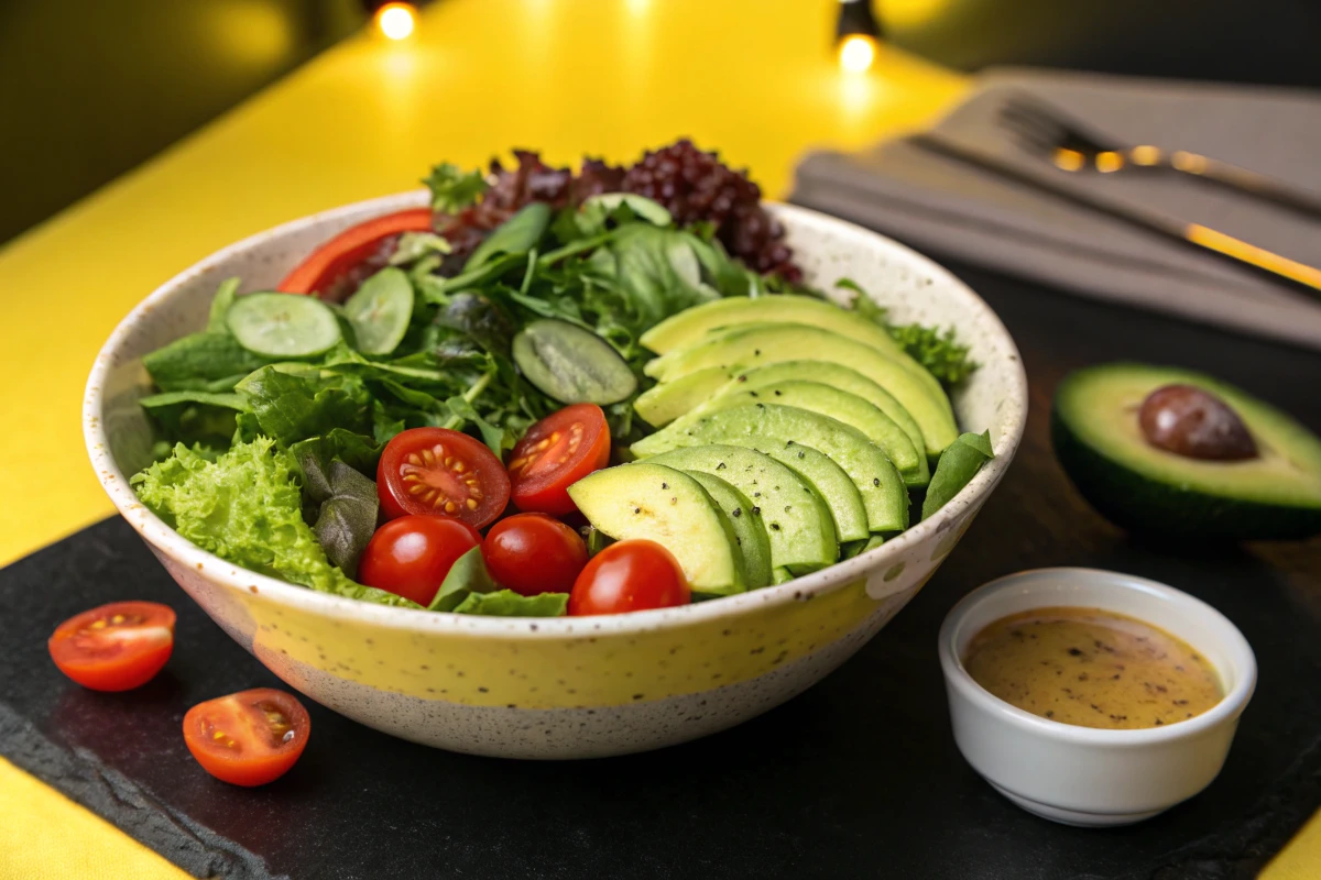 A vibrant salad with sliced avocado, cherry tomatoes, cucumbers, and mixed greens sits in a bowl.