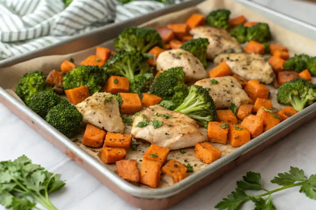 Pre-portioned sheet pan meals in containers with chicken, green beans, and potatoes