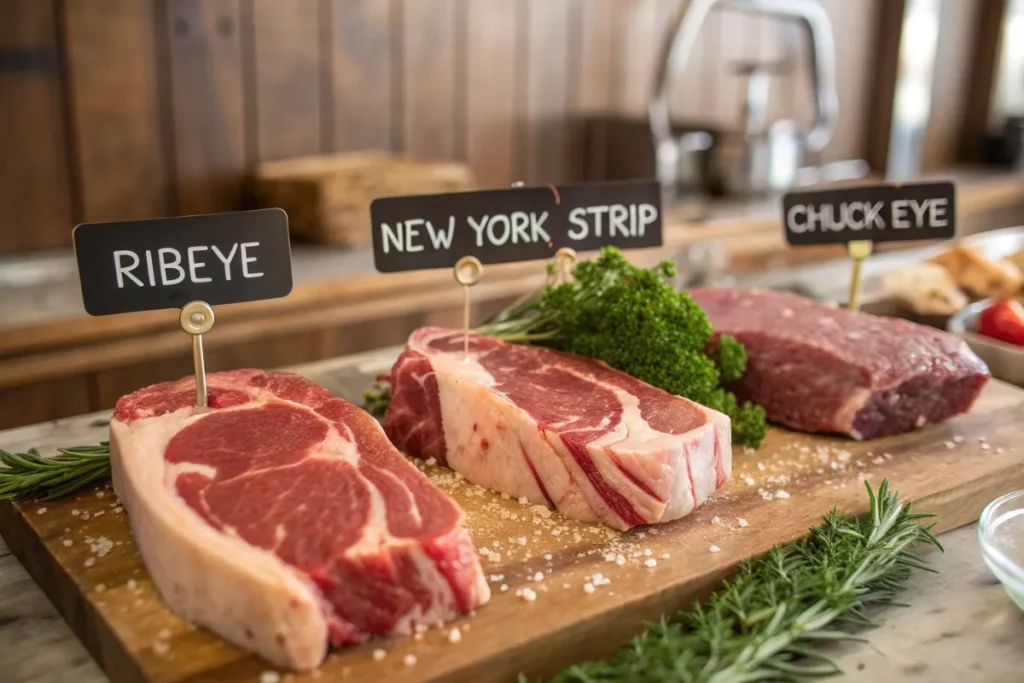 Three cuts of raw beef, ribeye, New York strip, and chuck eye, sit on a wooden cutting board.