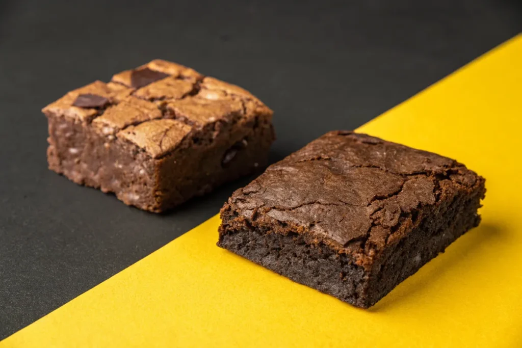 Two chocolate brownies sit on a two-toned black and yellow background.