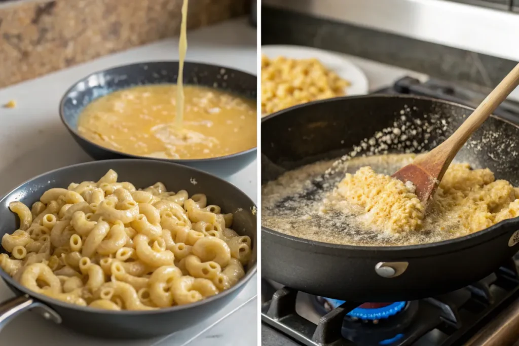 Two images showing steps of cooking macaroni and cheese, one with cooked Smoked Mac and Cheesethe other with the cheese sauce being prepared.