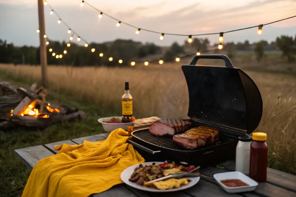 Grilling arm roast on a portable grill on a picnic table outdoors at sunset.