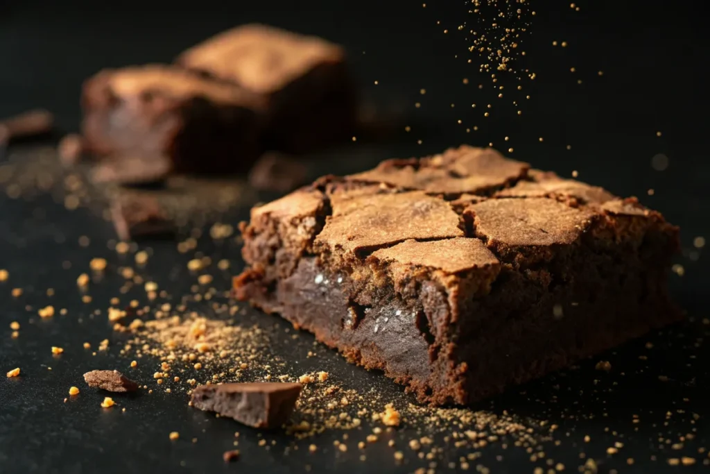 A fudgy brownie sits on a dark surface, dusted with cocoa powder.