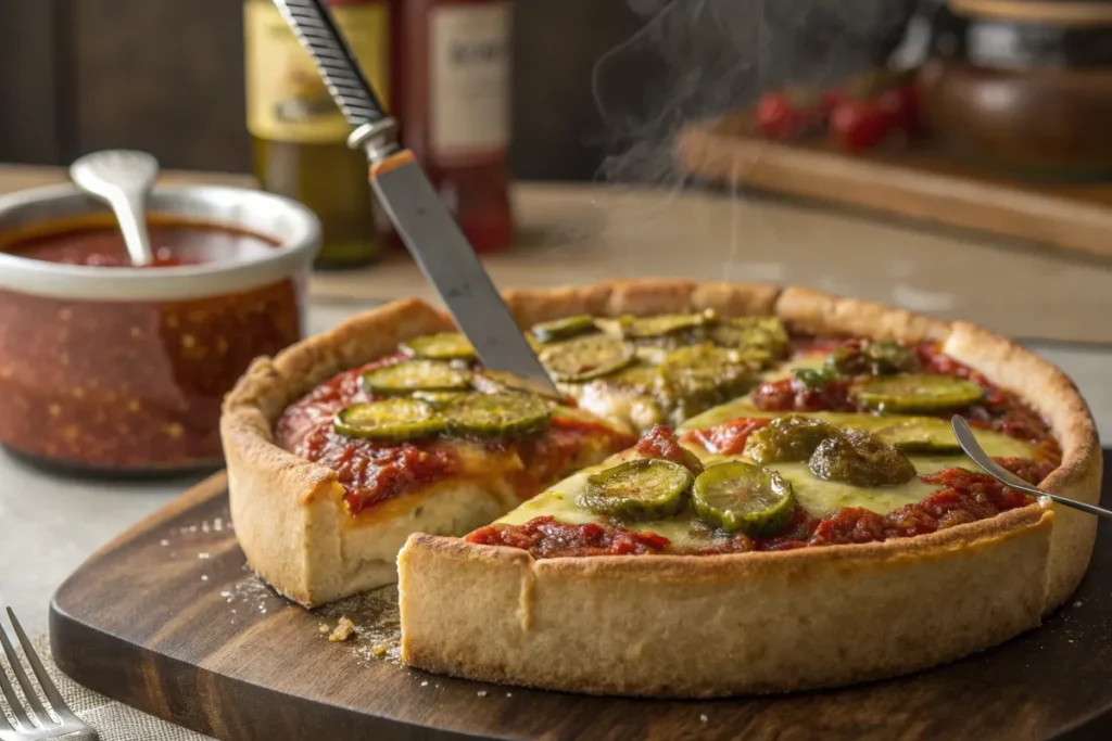 A Chicago-style deep dish pizza is being sliced with a knife.