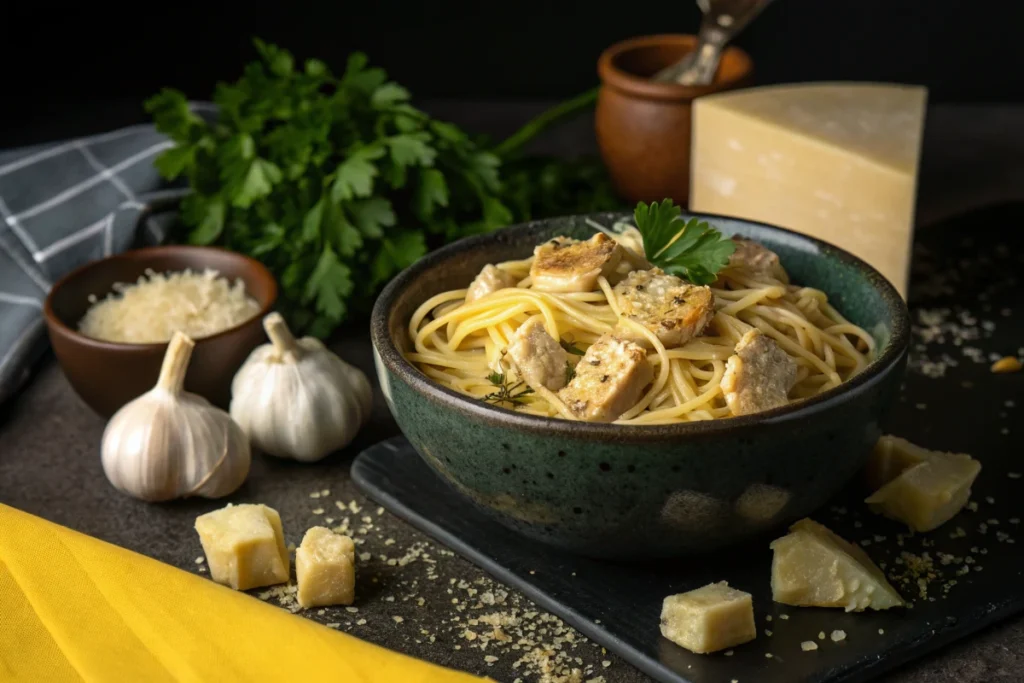 Spaghetti  with pan-fried eggplant is served in a bowl.