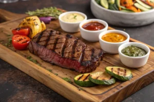 A wide-angle shot of a sliced Denver steak on a wooden table surrounded by mashed potatoes, roasted vegetables, and a bowl of chimichurri sauce.