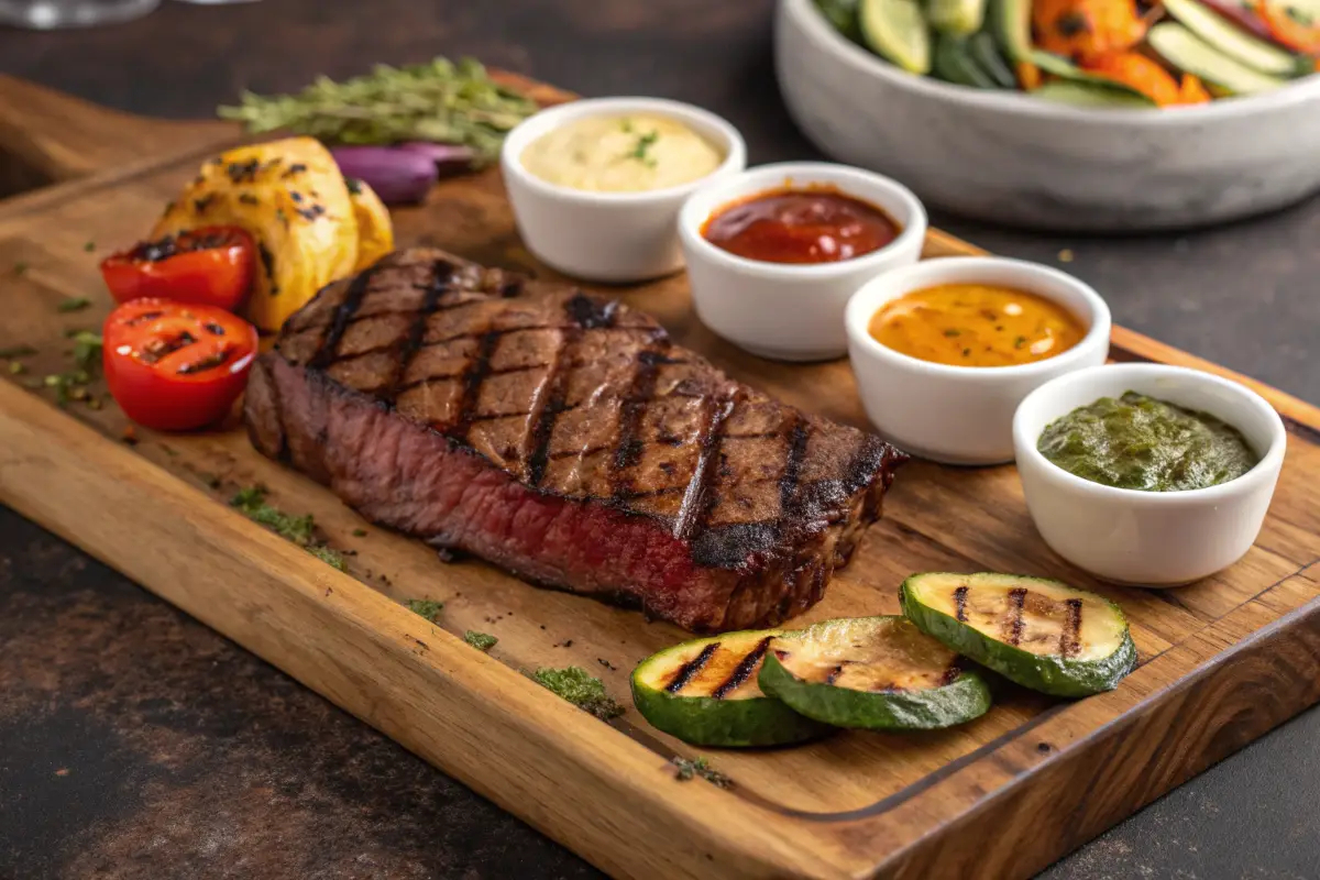 A wide-angle shot of a sliced Denver steak on a wooden table surrounded by mashed potatoes, roasted vegetables, and a bowl of chimichurri sauce.
