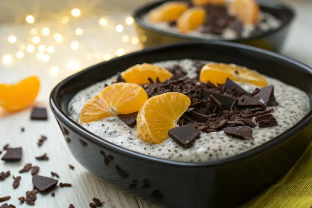 A bowl of chia seed pudding is topped with mandarin orange segments and dark chocolate shavings.