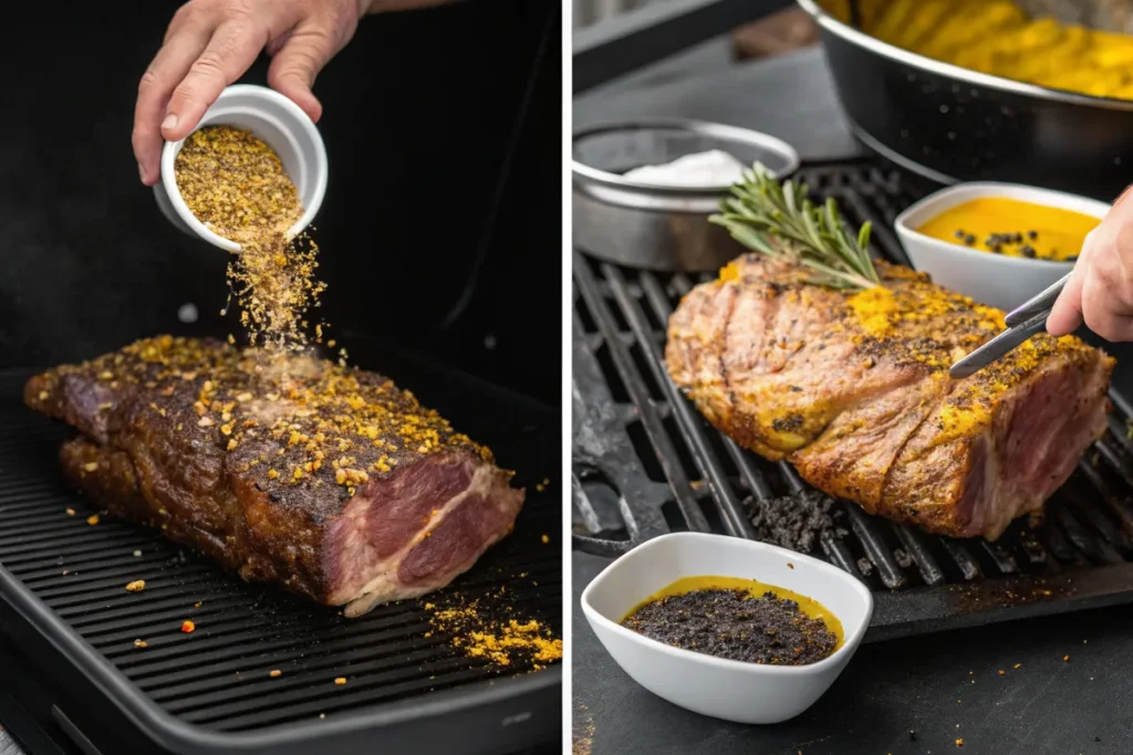 A seasoned pork loin is grilled and sprinkled with spices.