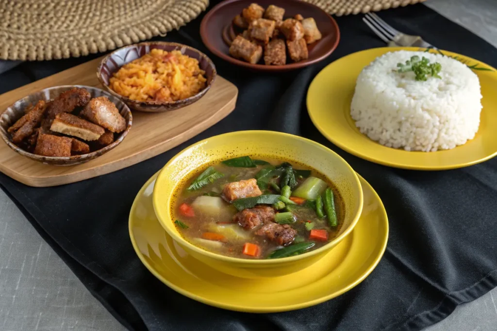 A bowl of sayur asem, an Indonesian vegetable soup, is served with rice and side dishes.