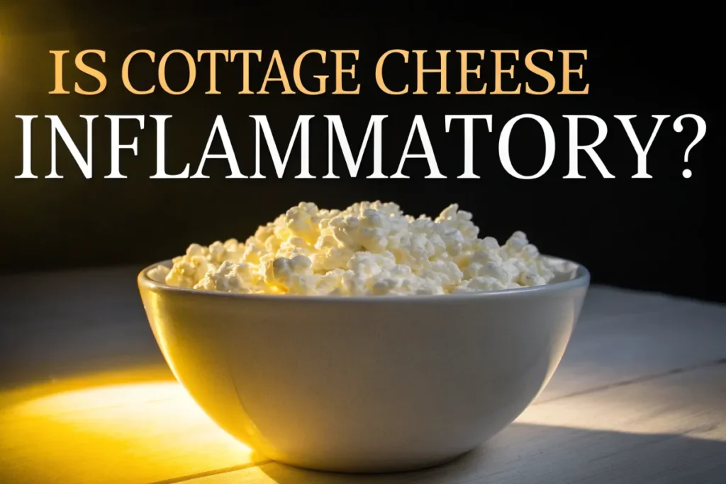 A bowl of cottage cheese sits on a white wooden table with the text "Is cottage cheese inflammatory?" above it.