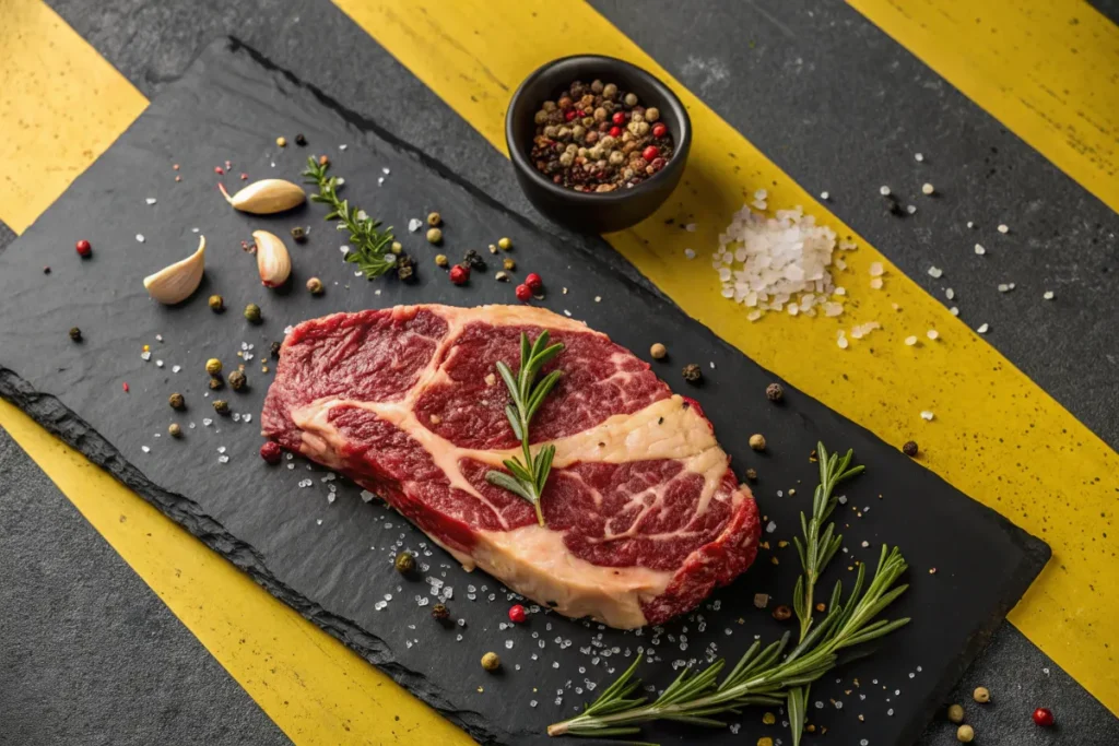 Raw ribeye steak seasoned with salt, pepper, and rosemary sits on a black slate cutting board.