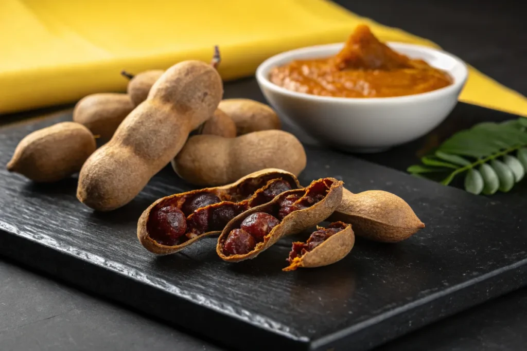 Tamarind pods, some open to reveal seeds, are displayed on a black slate next to a bowl of tamarind paste.