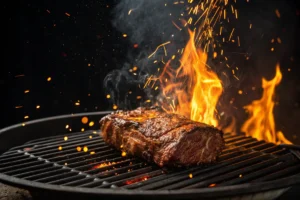 A piece of Arm Roast t sits on a grill over an open flame.