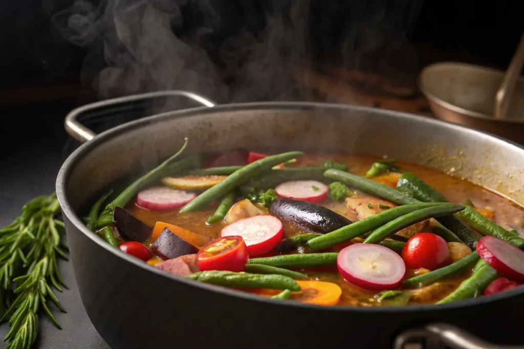 Steaming hot pot of vegetable stew with green beans, radishes, tomatoes, and eggplant.