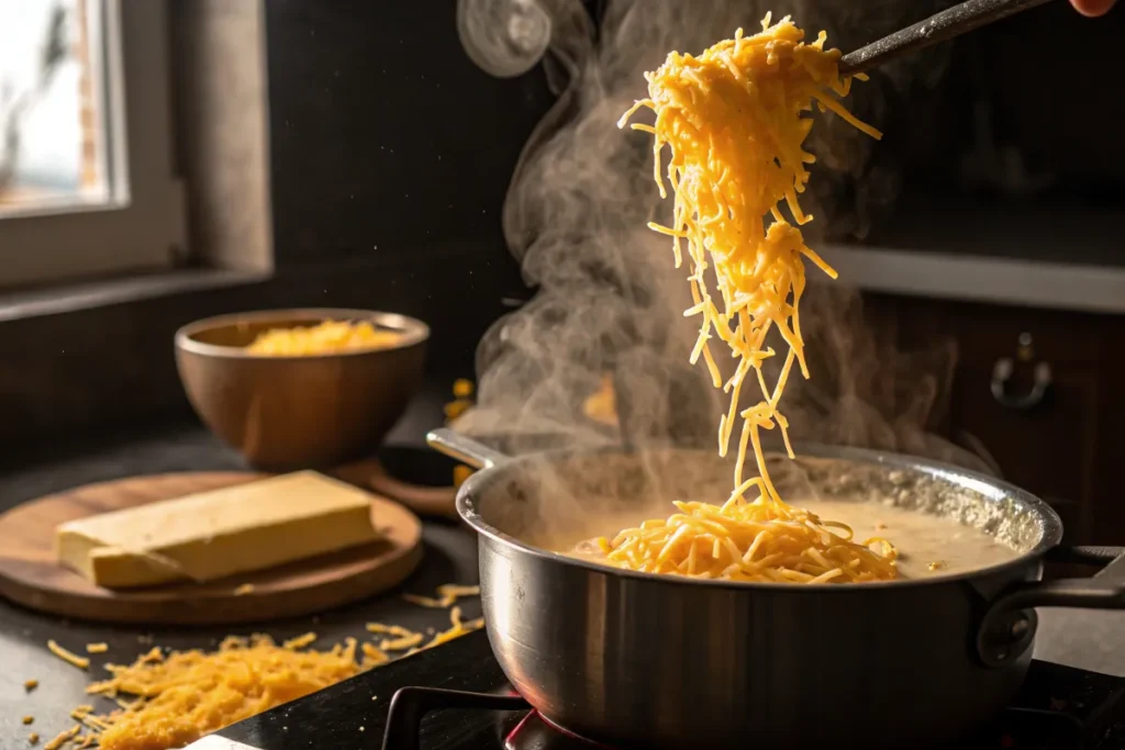 Steaming cheese sauce is lifted from a pan with tongs.