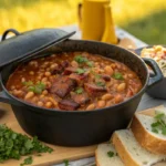 A cast iron pot of baked beans with chunks of meat sits on an outdoor table with bread and a side dish.