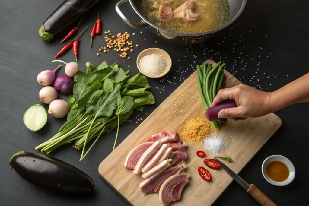 soup sinigang ingredients including sliced pork belly, green beans, spices, and leafy greens are arranged around a cutting board and pot of broth on a black countertop.