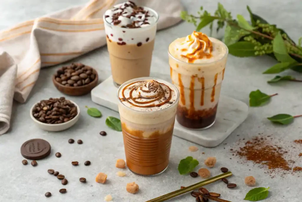 A chilled coffee drink in a glass, topped with caramel drizzle and served over ice