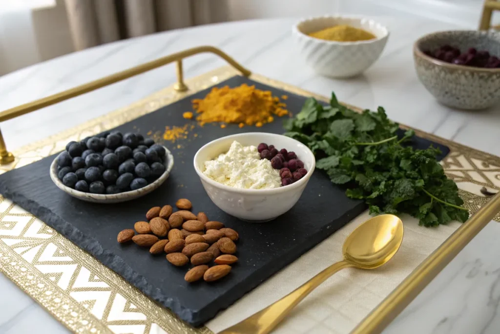 A black slate tray holds a bowl of cottage cheese topped with berries, surrounded by blueberries, almonds, fresh herbs, turmeric, and protein powder.