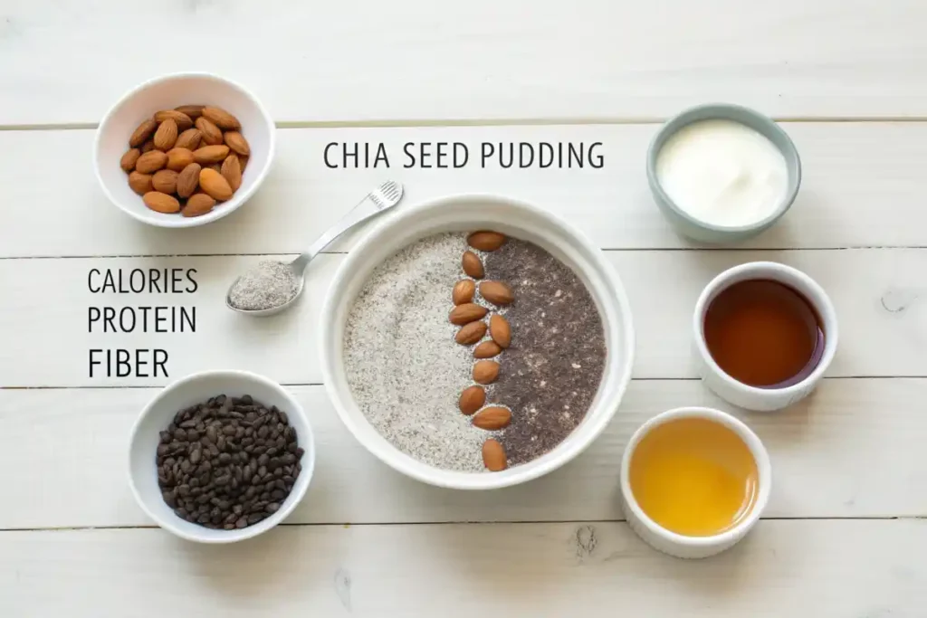 A bowl of pudding surrounded by small dishes of ingredients and nutrition facts labels