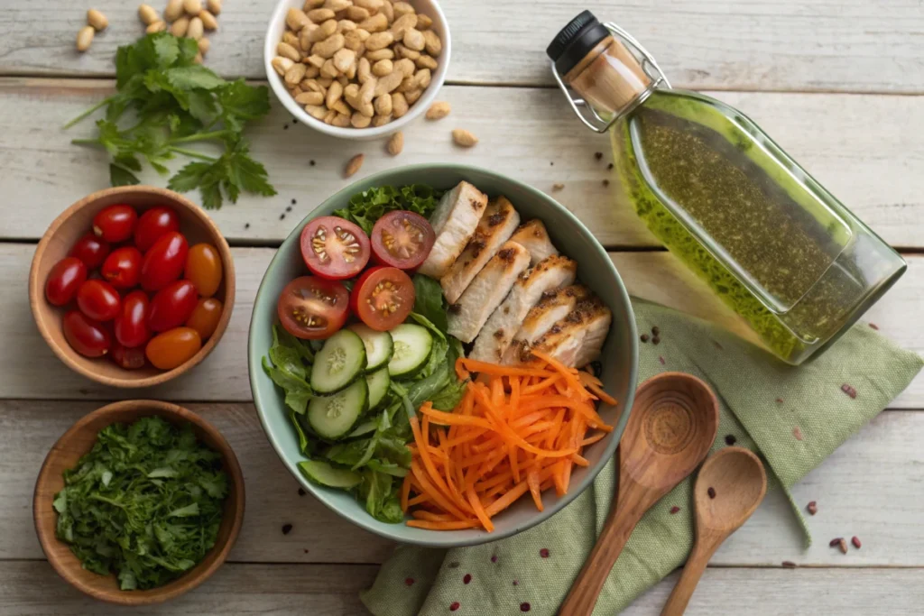 A healthy salad bowl is presented with sliced grilled chicken, cherry tomatoes, cucumber, shredded carrots, lettuce, and a bottle of dressing.