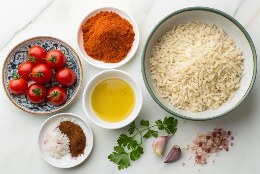 Ingredients for rice, including tomatoes, chili powder, and garlic, next to  rice ingredients like saffron and olive oil.