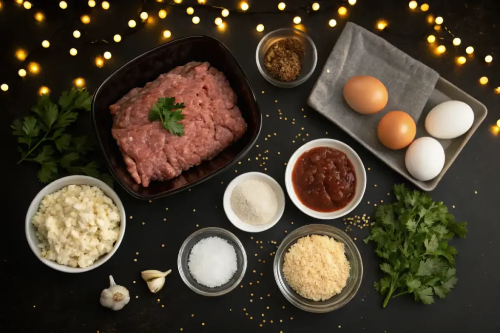 Ground meat, eggs, breadcrumbs, and seasonings arranged on a black countertop with warm lighting