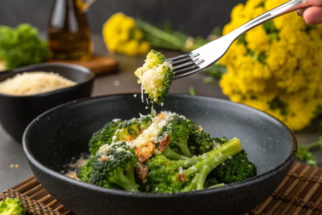 A fork lifts a piece of broccoli topped with grated parmesan cheese from a bowl of cooked broccoli.