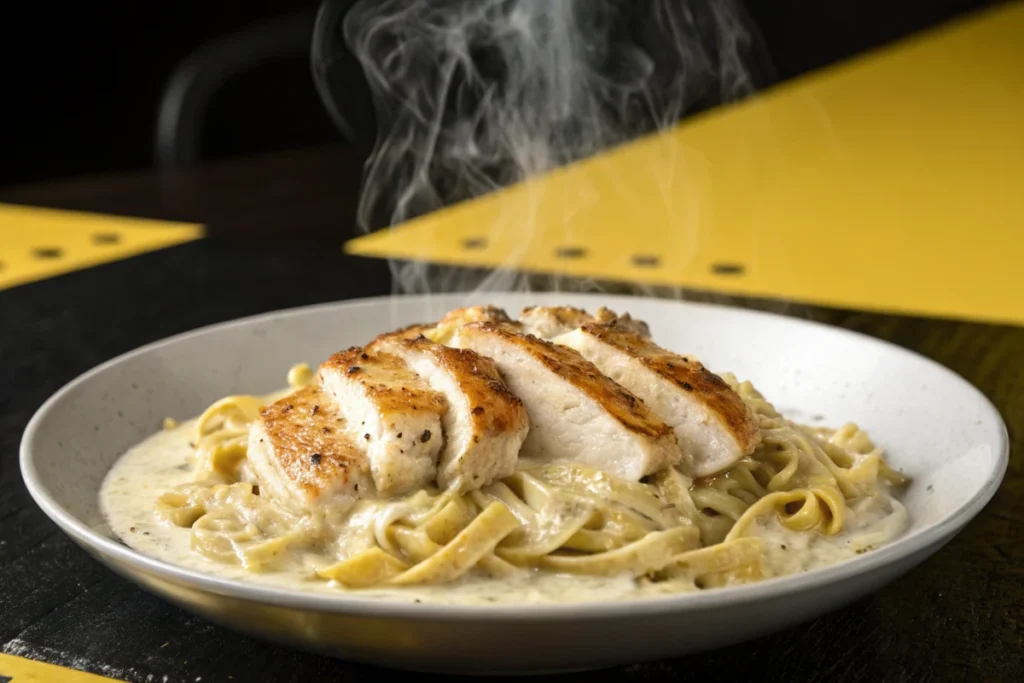 Sliced grilled  breast rests on a bed of steaming fettuccine Alfredo .