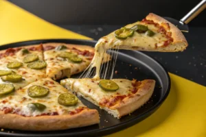 A slice of pizza topped with sliced green peppers and melted mozzarella cheese is being lifted from the rest of the pie.